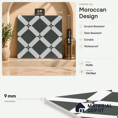 Moroccan Floor & Wall Tile TL 03354 Mistero Green 2 ft x 2 ft Carving Matte Finish Vitrified Tile - 9 mm | Suitable For Kitchen, Bathroom, Balcony | Please Expect a Slight Variation of Pattern