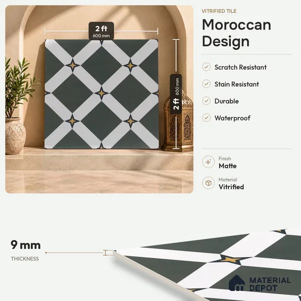 Moroccan Floor & Wall Tile TL 03354 Mistero Green 2 ft x 2 ft Carving Matte Finish Vitrified Tile - 9 mm | Suitable For Kitchen, Bathroom, Balcony | Please Expect a Slight Variation of Pattern