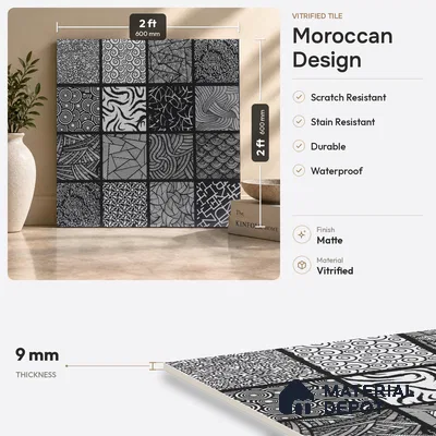 Moroccan Floor & Wall Tile TL 03355 Monarch Black 2 ft x 2 ft Carving Matte Finish Vitrified Tile - 9 mm (3 Random Design) | Suitable For Kitchen, Accent/Feature Wall, Dining Area | Please Expect a Slight Variation of Pattern