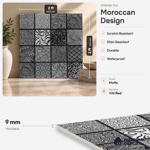 Moroccan Floor & Wall Tile TL 03355 Monarch Black 2 ft x 2 ft Carving Matte Finish Vitrified Tile - 9 mm (3 Random Design) | Suitable For Kitchen, Accent/Feature Wall, Dining Area | Please Expect a Slight Variation of Pattern