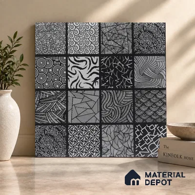 Moroccan Floor & Wall Tile TL 03355 Monarch Black 2 ft x 2 ft Carving Matte Finish Vitrified Tile - 9 mm (3 Random Design) | Suitable For Kitchen, Accent/Feature Wall, Dining Area | Please Expect a Slight Variation of Pattern