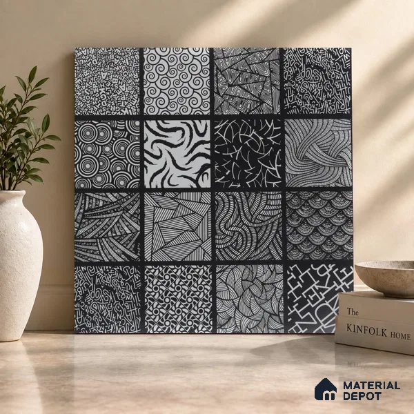 Moroccan Floor & Wall Tile TL 03355 Monarch Black 2 ft x 2 ft Carving Matte Finish Vitrified Tile - 9 mm (3 Random Design) | Suitable For Kitchen, Accent/Feature Wall, Dining Area | Please Expect a Slight Variation of Pattern