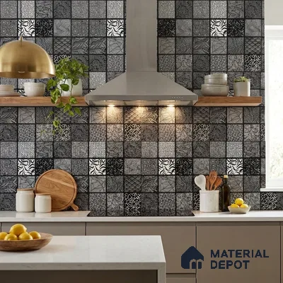 Moroccan Floor & Wall Tile TL 03355 Monarch Black 2 ft x 2 ft Carving Matte Finish Vitrified Tile - 9 mm (3 Random Design) | Suitable For Kitchen, Accent/Feature Wall, Dining Area | Please Expect a Slight Variation of Pattern