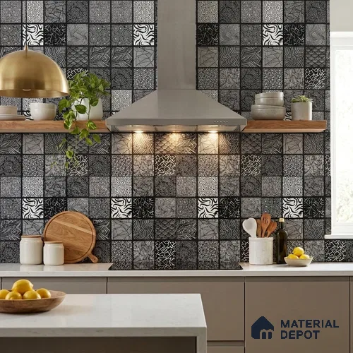 Moroccan Floor & Wall Tile TL 03355 Monarch Black 2 ft x 2 ft Carving Matte Finish Vitrified Tile - 9 mm (3 Random Design) | Suitable For Kitchen, Accent/Feature Wall, Dining Area | Please Expect a Slight Variation of Pattern