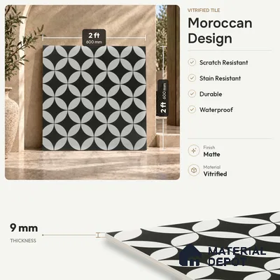 Moroccan Floor & Wall Tile TL 03367 Zenith Monochrome 2 ft x 2 ft Carving Matte Finish Vitrified Tile - 9 mm | Suitable For Kitchen, Bathroom, Dining Area | Please Expect a Slight Variation of Pattern