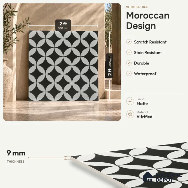 Moroccan Floor & Wall Tile TL 03367 Zenith Monochrome 2 ft x 2 ft Carving Matte Finish Vitrified Tile - 9 mm | Suitable For Kitchen, Bathroom, Dining Area | Please Expect a Slight Variation of Pattern