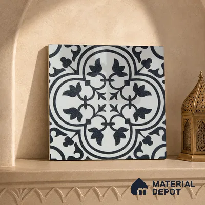 Moroccan Wall & Floor Tile TL 04164 Berlin Black 1 ft x 1 ft Sugar Matte Finish Ceramic Tile - 9 mm | Suitable For Bathroom, Kitchen, Balcony | Please Expect a Slight Variation of Pattern