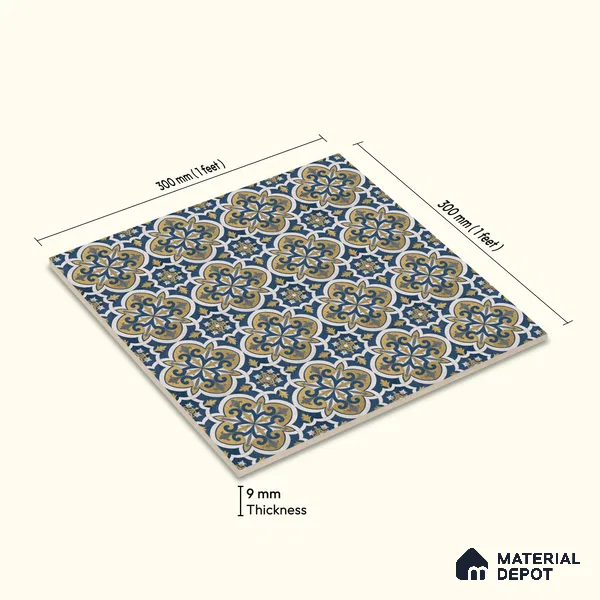 Moroccan Floor & Wall Tile TL 04202 Maura Blue 1 ft x 1 ft Sugar Matte Finish Vitrified Tile - 9 mm | Suitable For Bathroom, Kitchen, Balcony | Please Expect a Slight Variation of Pattern