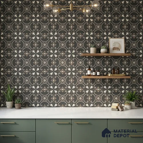Moroccan Floor & Wall Tile TL 04203 Pedi Black 1 ft x 1 ft Sugar Matte Finish Vitrified Tile - 9 mm | Suitable For Bathroom, Kitchen, Balcony | Please Expect a Slight Variation of Pattern
