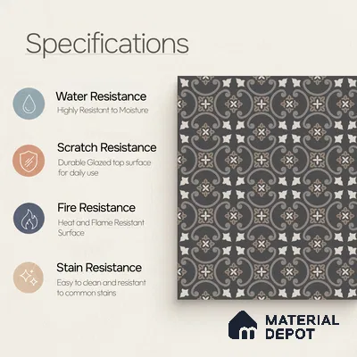Moroccan Floor & Wall Tile TL 04203 Pedi Black 1 ft x 1 ft Sugar Matte Finish Vitrified Tile - 9 mm | Suitable For Bathroom, Kitchen, Balcony | Please Expect a Slight Variation of Pattern
