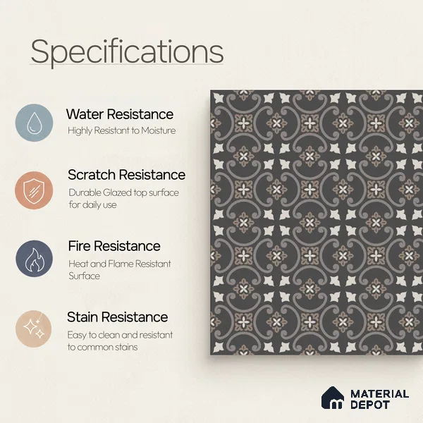 Moroccan Floor & Wall Tile TL 04203 Pedi Black 1 ft x 1 ft Sugar Matte Finish Vitrified Tile - 9 mm | Suitable For Bathroom, Kitchen, Balcony | Please Expect a Slight Variation of Pattern
