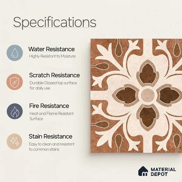 Moroccan Floor & Wall Tile TL 04204 Teagan Brown 1 ft x 1 ft Sugar Matte Finish Vitrified Tile - 9 mm | Suitable For Bathroom, Kitchen, Balcony | Please Expect a Slight Variation of Pattern
