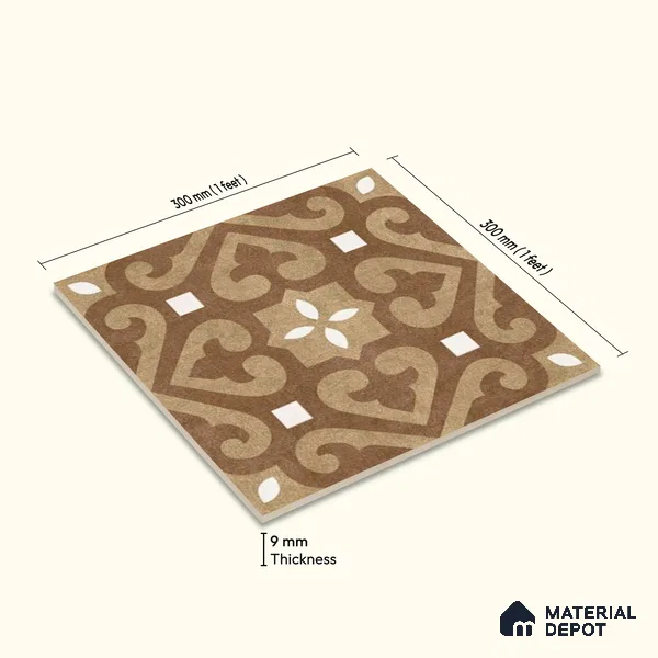 Moroccan Floor & Wall Tile TL 04205 Marikit Brown 1 ft x 1 ft Sugar Matte Finish Vitrified Tile - 9 mm | Suitable For Bathroom, Kitchen, Balcony | Please Expect a Slight Variation of Pattern