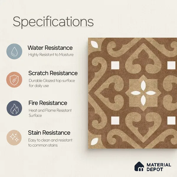 Moroccan Floor & Wall Tile TL 04205 Marikit Brown 1 ft x 1 ft Sugar Matte Finish Vitrified Tile - 9 mm | Suitable For Bathroom, Kitchen, Balcony | Please Expect a Slight Variation of Pattern