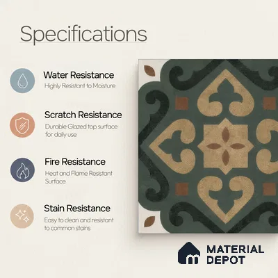 Moroccan Wall & Floor Tile TL 04206 Cielo Green 1 ft x 1 ft Sugar Matte Finish Vitrified Tile - 9 mm | Suitable for Bathroom, Kitchen, Balcony | Please Expect a Slight Variation of Pattern
