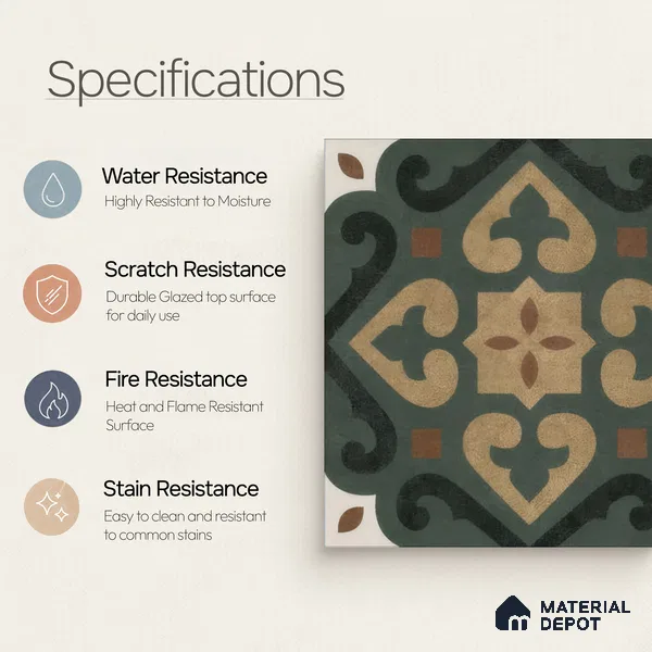Moroccan Wall & Floor Tile TL 04206 Cielo Green 1 ft x 1 ft Sugar Matte Finish Vitrified Tile - 9 mm | Suitable for Bathroom, Kitchen, Balcony | Please Expect a Slight Variation of Pattern