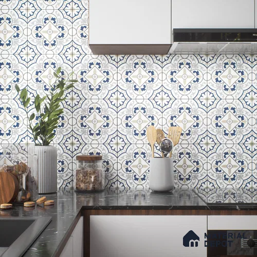 Moroccan Floor & Wall Tile TL 04352 Grey & Blue 1 ft x 1 ft Matte Finish Ceramic Tile - 9 mm | Suitable For Kitchen, Bathroom, Dining Area | Please Expect a Slight Variation of Pattern