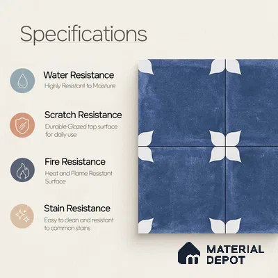 Moroccan Floor & Wall Tile TL 04354 C Athangudi Blue Matte Finish 1 ft x 1 ft Ceramic Tile - 9 mm | Suitable For Kitchen, Bathroom, Dining Area | Please Expect a Slight Variation of Pattern