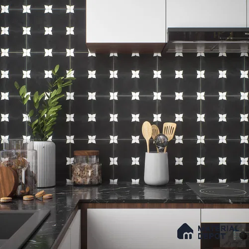 Moroccan Floor & Wall Tile TL 04354 E Athangudi Black 1 ft x 1 ft Matte Finish Ceramic Tile - 9 mm | Suitable For Kitchen, Bathroom, Dining Area | Please Expect a Slight Variation of Pattern