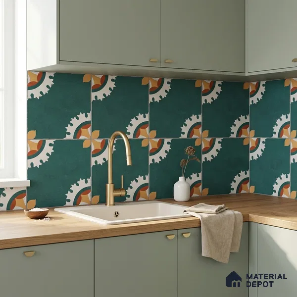 Moroccan Wall & Floor Athangudi Tile TL 04356 Kerala Green Matte Finish 1 ft x 1 ft Ceramic Tile - 9 mm | Suitable For Kitchen, Bathroom, Dining Area | Please Expect a Slight Variation of Pattern