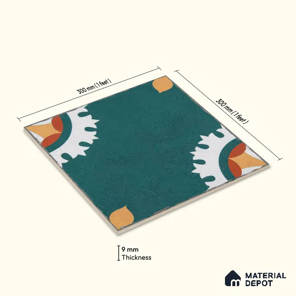 Moroccan Wall & Floor Athangudi Tile TL 04356 Kerala Green Matte Finish 1 ft x 1 ft Ceramic Tile - 9 mm | Suitable For Kitchen, Bathroom, Dining Area | Please Expect a Slight Variation of Pattern