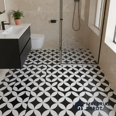 Moroccan Floor & Wall Tile TL 04358 Monochrome Star 1 ft x 1 ft Matte Finish Ceramic Tile - 9 mm | Suitable For Kitchen, Bathroom, Dining Area | Please Expect a Slight Variation of Pattern