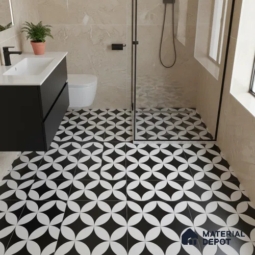 Moroccan Floor & Wall Tile TL 04358 Monochrome Star 1 ft x 1 ft Matte Finish Ceramic Tile - 9 mm | Suitable For Kitchen, Bathroom, Balcony | Please Expect a Slight Variation of Pattern