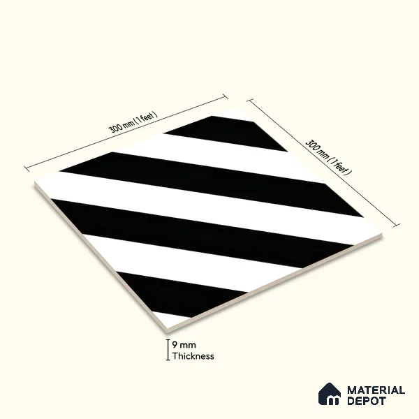 Moroccan Floor & Wall Tile TL 04359 Monochrome Strip 1 ft x 1 ft Matte Finish Ceramic Tile - 9 mm | Suitable For Kitchen, Bathroom, Entryway | Please Expect a Slight Variation of Pattern