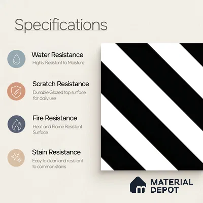 Moroccan Floor & Wall Tile TL 04359 Monochrome Strip 1 ft x 1 ft Matte Finish Ceramic Tile - 9 mm | Suitable For Kitchen, Bathroom, Entryway | Please Expect a Slight Variation of Pattern