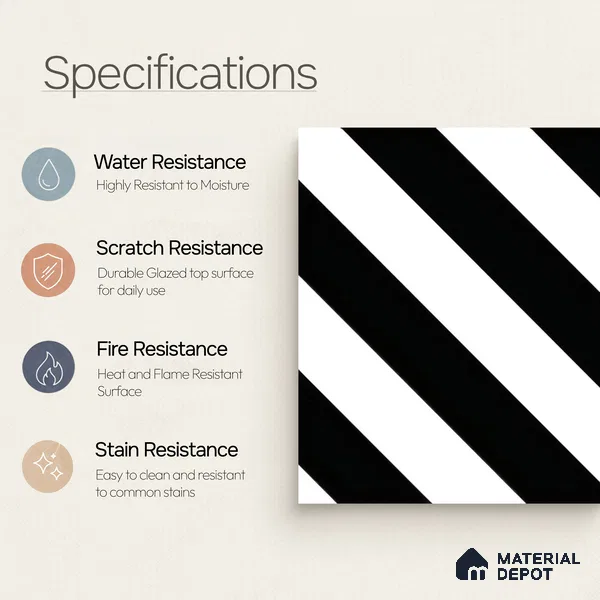 Moroccan Floor & Wall Tile TL 04359 Monochrome Strip 1 ft x 1 ft Matte Finish Ceramic Tile - 9 mm | Suitable For Kitchen, Bathroom, Entryway | Please Expect a Slight Variation of Pattern
