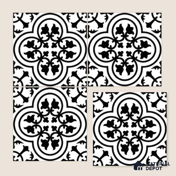 Moroccan Floor & Wall Tile TL 04360 Monochrome Floral 1 ft x 1 ft Matte Finish Ceramic Tile - 9 mm | Suitable For Kitchen, Bathroom, Balcony | Please Expect a Slight Variation of Pattern