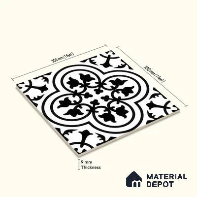 Moroccan Floor & Wall Tile TL 04360 Monochrome Floral 1 ft x 1 ft Matte Finish Ceramic Tile - 9 mm | Suitable For Kitchen, Bathroom, Balcony | Please Expect a Slight Variation of Pattern
