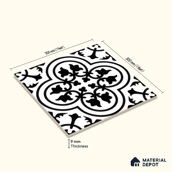 Moroccan Floor & Wall Tile TL 04360 Monochrome Floral 1 ft x 1 ft Matte Finish Ceramic Tile - 9 mm | Suitable For Kitchen, Bathroom, Balcony | Please Expect a Slight Variation of Pattern