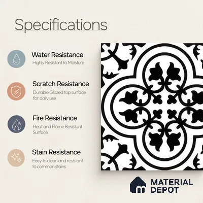 Moroccan Floor & Wall Tile TL 04360 Monochrome Floral 1 ft x 1 ft Matte Finish Ceramic Tile - 9 mm | Suitable For Kitchen, Bathroom, Balcony | Please Expect a Slight Variation of Pattern