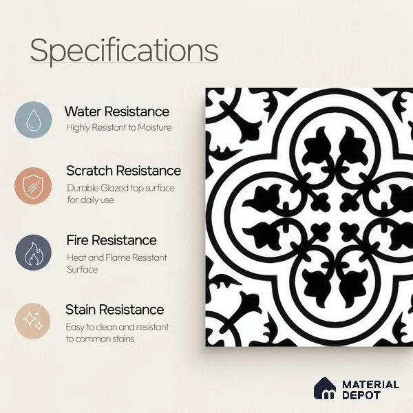 Moroccan Floor & Wall Tile TL 04360 Monochrome Floral 1 ft x 1 ft Matte Finish Ceramic Tile - 9 mm | Suitable For Kitchen, Bathroom, Balcony | Please Expect a Slight Variation of Pattern