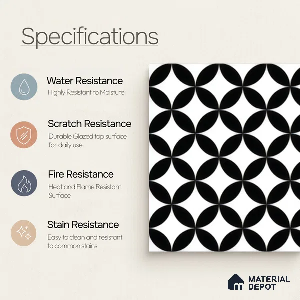 Moroccan Floor & Wall Tile TL 04362 Flexi Monochrome Petal 1 ft x 1 ft Matte Finish Ceramic Tile - 9 mm | Suitable For Kitchen, Bathroom, Entryway | Please Expect a Slight Variation of Pattern