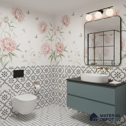 Moroccan Floor & Wall Tile TL 04368 Teeki Rangoli 1 ft x 1 ft Matte Finish Ceramic Tile - 9 mm | Suitable For Kitchen, Bathroom, Entryway | Please Expect a Slight Variation of Pattern