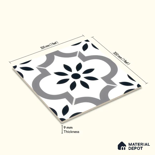 Moroccan Floor & Wall Tile TL 04368 Teeki Rangoli 1 ft x 1 ft Matte Finish Ceramic Tile - 9 mm | Suitable For Kitchen, Bathroom, Entryway | Please Expect a Slight Variation of Pattern
