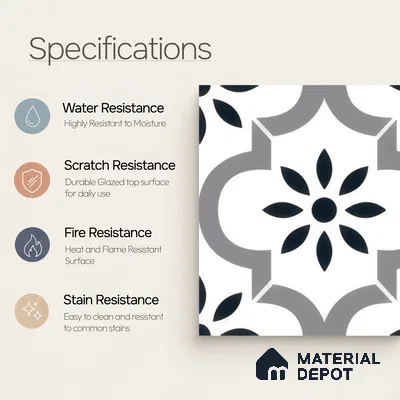 Moroccan Floor & Wall Tile TL 04368 Teeki Rangoli 1 ft x 1 ft Matte Finish Ceramic Tile - 9 mm | Suitable For Kitchen, Bathroom, Entryway | Please Expect a Slight Variation of Pattern
