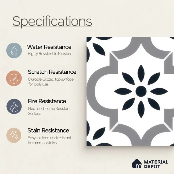 Moroccan Floor & Wall Tile TL 04368 Teeki Rangoli 1 ft x 1 ft Matte Finish Ceramic Tile - 9 mm | Suitable For Kitchen, Bathroom, Entryway | Please Expect a Slight Variation of Pattern