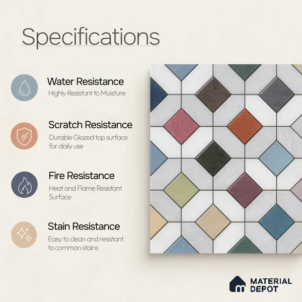 Moroccan Floor & Wall Tile TL 04370 Vibrant Dusk 1 ft x 1 ft Matte Finish Ceramic Tile - 9 mm | Suitable For Kitchen, Bathroom, Balcony | Please Expect a Slight Variation of Pattern