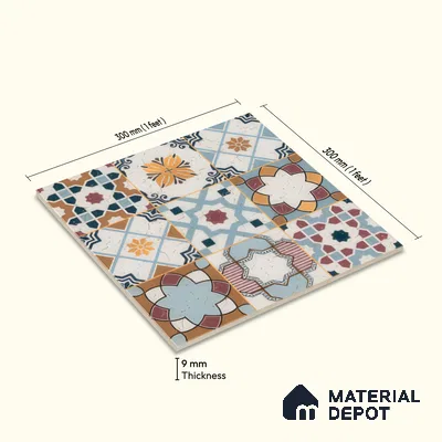 Moroccan Floor & Wall Tile TL 04378 Mor Blue 1 ft x 1 ft Matte Finish Ceramic Tile - 9 mm | Suitable For Kitchen, Bathroom, Balcony | Please Expect a Slight Variation of Pattern