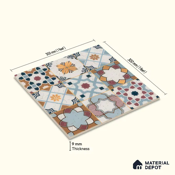 Moroccan Floor & Wall Tile TL 04378 Mor Blue 1 ft x 1 ft Matte Finish Ceramic Tile - 9 mm | Suitable For Kitchen, Bathroom, Balcony | Please Expect a Slight Variation of Pattern