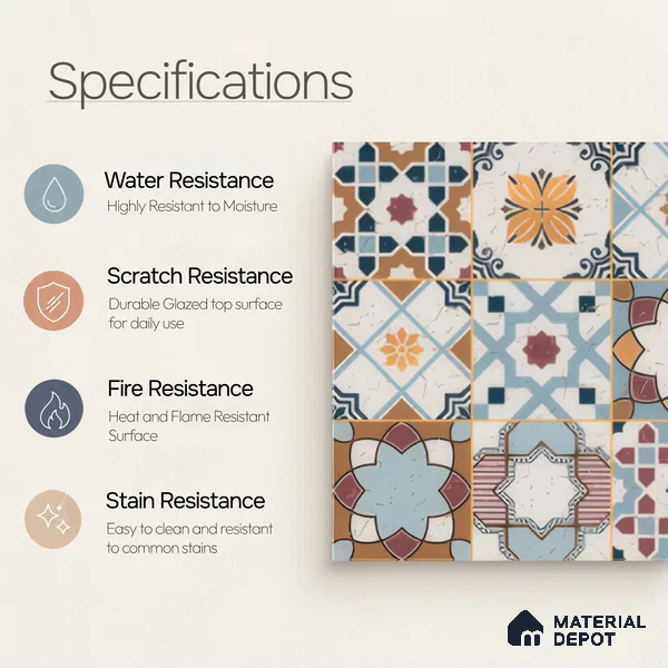 Moroccan Floor & Wall Tile TL 04378 Mor Blue 1 ft x 1 ft Matte Finish Ceramic Tile - 9 mm | Suitable For Kitchen, Bathroom, Balcony | Please Expect a Slight Variation of Pattern