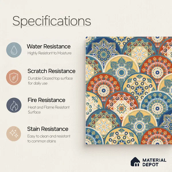 Moroccan Floor & Wall Tile TL 04384 Jaipuri Orange 1 ft x 1 ft Matte Finish Ceramic Tile - 9 mm | Suitable For Kitchen, Bathroom, Accent/Feature Wall | Please Expect a Slight Variation of Pattern