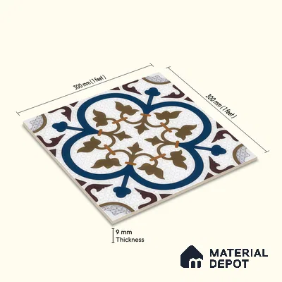 Moroccan Floor & Wall Tile TL 04388 Reverse Floral 1 ft x 1 ft Matte Finish Ceramic Tile - 9 mm | Suitable For Kitchen, Bathroom, Dining Area | Please Expect a Slight Variation of Pattern