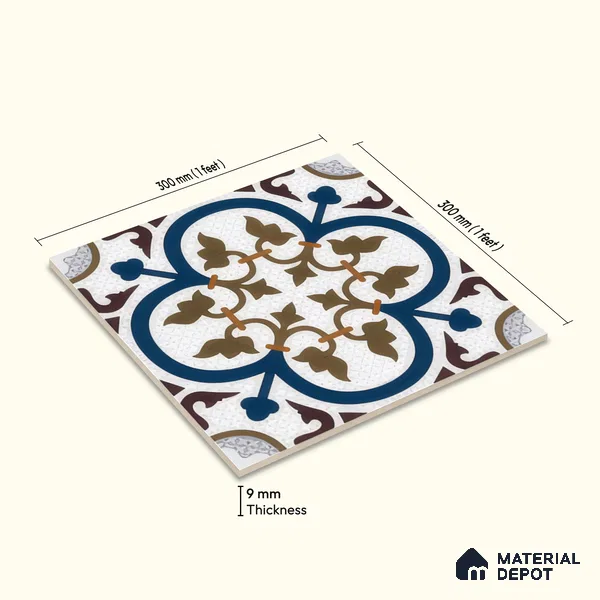 Moroccan Floor & Wall Tile TL 04388 Reverse Floral 1 ft x 1 ft Matte Finish Ceramic Tile - 9 mm | Suitable For Kitchen, Bathroom, Dining Area | Please Expect a Slight Variation of Pattern