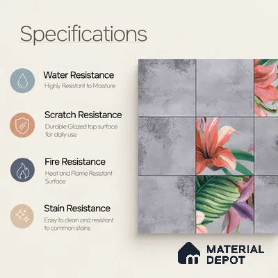 Moroccan Floor & Wall Tile TL 04389 Cement Floral 1 ft x 1 ft Matte Finish Ceramic Tile - 9 mm | Suitable For Kitchen, Bathroom, Accent/Feature Wall | Please Expect a Slight Variation of Pattern