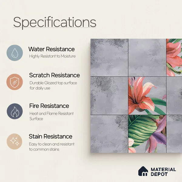 Moroccan Floor & Wall Tile TL 04389 Cement Floral 1 ft x 1 ft Matte Finish Ceramic Tile - 9 mm | Suitable For Kitchen, Bathroom, Accent/Feature Wall | Please Expect a Slight Variation of Pattern