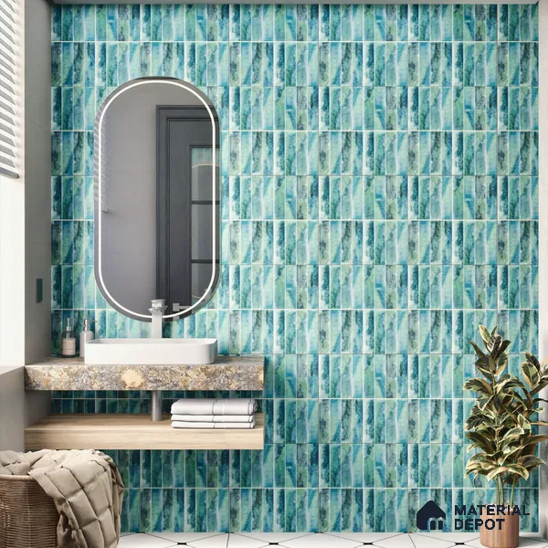 Faux Subway Wall Tile TL 04393 Artefic Aqua Blue 1 ft x 1 ft Matte Finish Ceramic Tile - 9 mm | Suitable For Kitchen, Bathroom, Dining Area | Please Expect a Slight Variation of Pattern